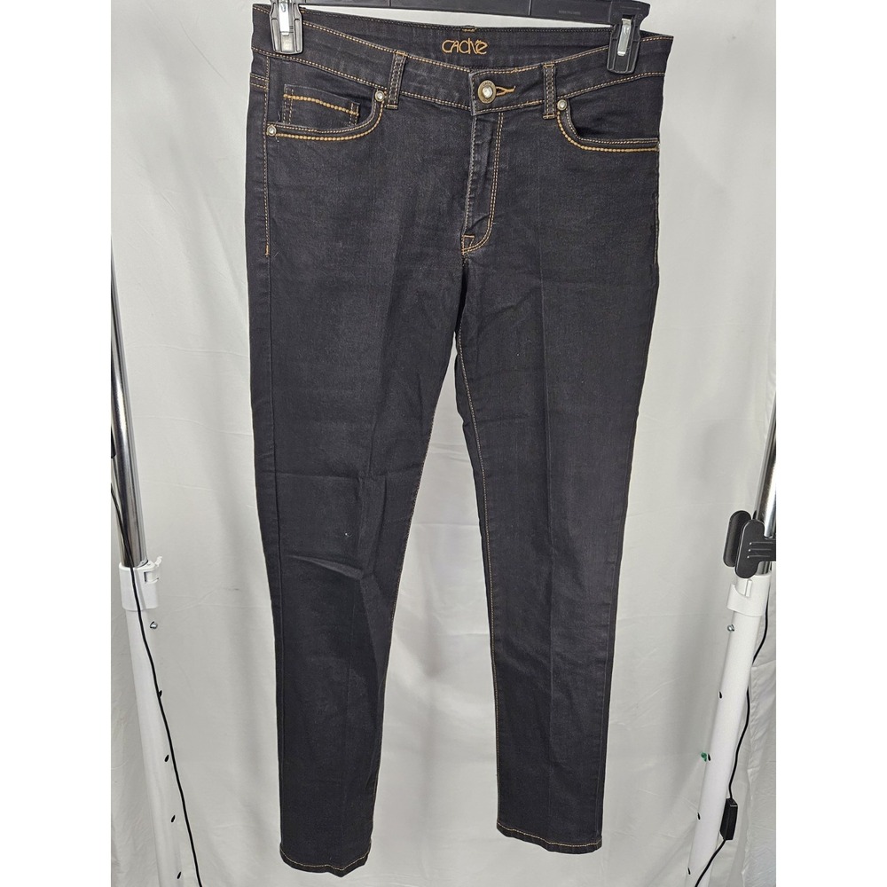 Cache Womens Black Skinny Jeans Gold Contrast Stitch Rhinestone Button Size 8